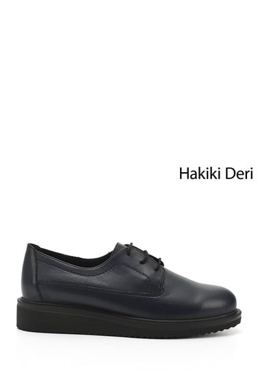 Kadın Lacivert Antik Bağcıklı Dolgu Taban Hakiki Deri Ayakkabı
