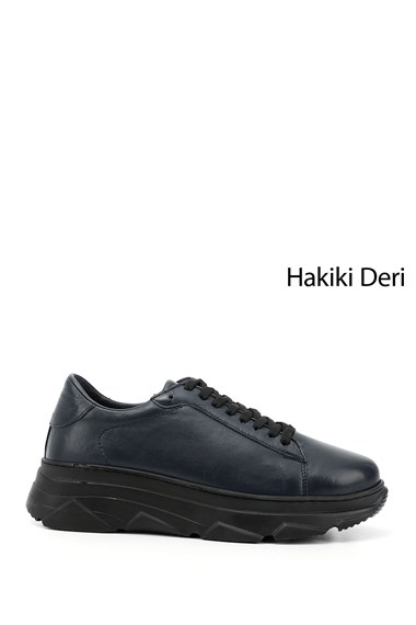 Kadın Lacivert Antik Bağcıklı Dolgu Taban Hakiki Deri Sneaker