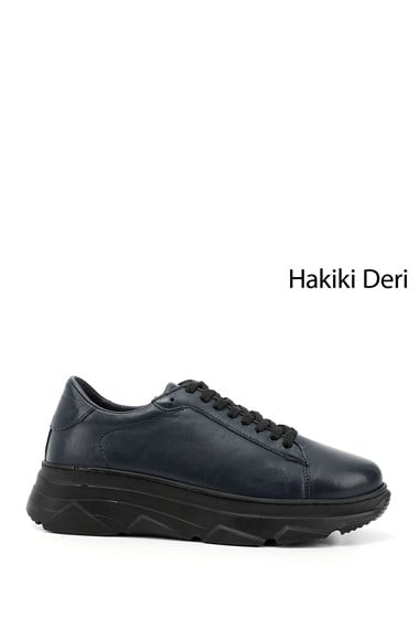 Kadın Lacivert Antik Bağcıklı Dolgu Taban Hakiki Deri Sneaker