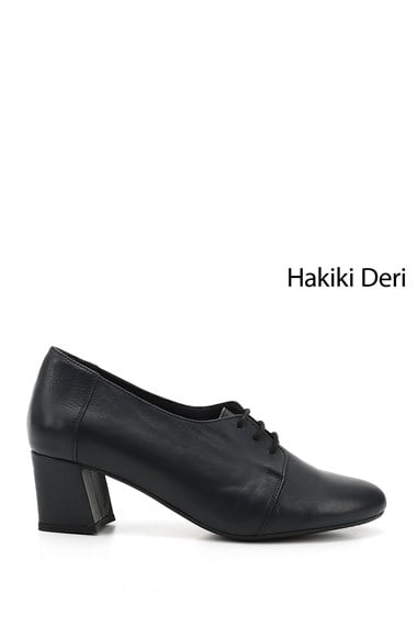 Kadın Lacivert Antik Bağcıklı Orta Kalın Topuklu Hakiki Deri Oxford Ayakkabı