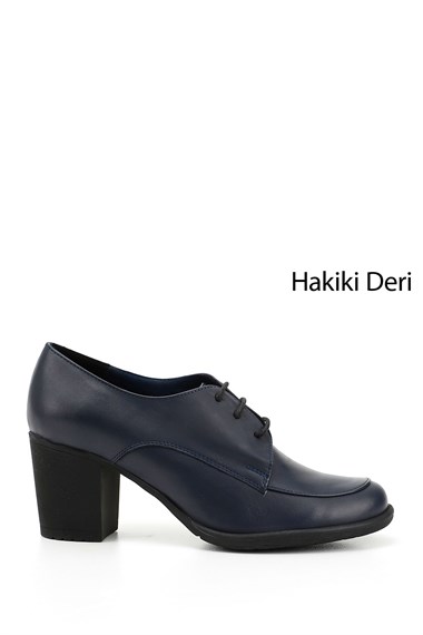 Kadın Lacivert Antik Bağcıklı Orta Kalın Topuklu Hakiki Deri Oxford Ayakkabı