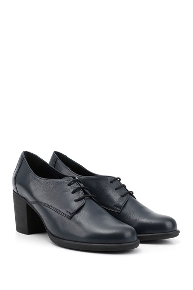 Womens Navy Blue Antique Lace-Up Medium Thick Heel Genuine Leather Oxford Shoes
