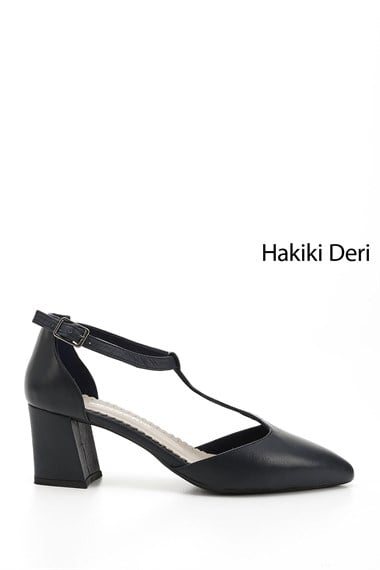 Kadın Lacivert Antik Bilekten Bağlı Orta Topuklu Hakiki Deri Ayakkabı