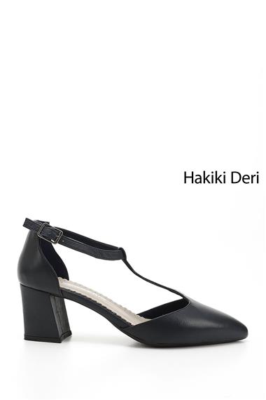 Kadın Lacivert Antik Bilekten Bağlı Orta Topuklu Hakiki Deri Ayakkabı