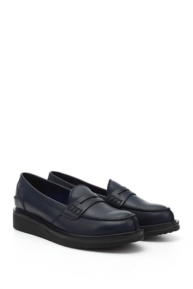 Womens Navy Blue Antique Wedge Sole Genuine Leather Loafer Shoes
