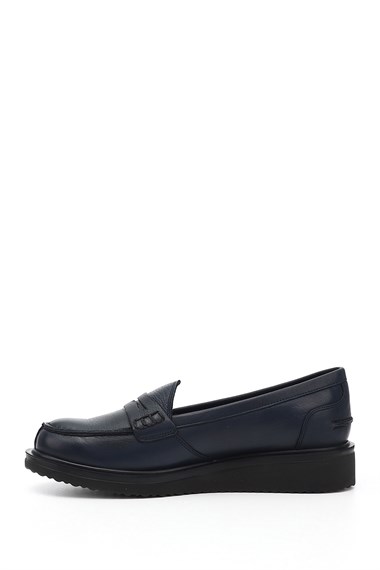 Womens Navy Blue Antique Wedge Sole Genuine Leather Loafer Shoes