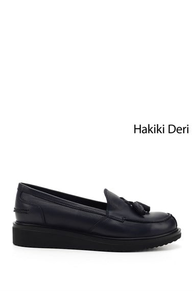 Kadın Lacivert Antik Dolgu Taban Hakiki Deri Loafer Ayakkabı