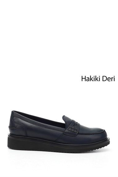 Womens Navy Blue Antique Wedge Sole Genuine Leather Loafer Shoes