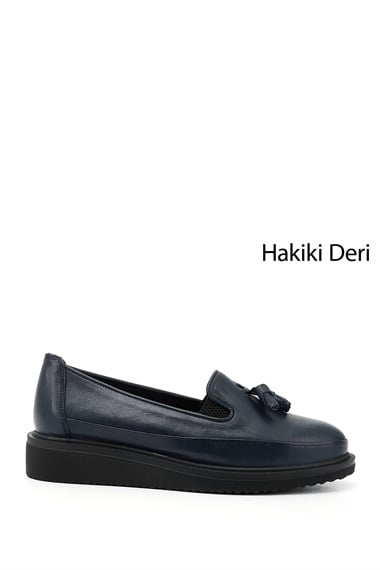 Kadın Lacivert Antik Dolgu Taban Püsküllü Hakiki Deri Ayakkabı