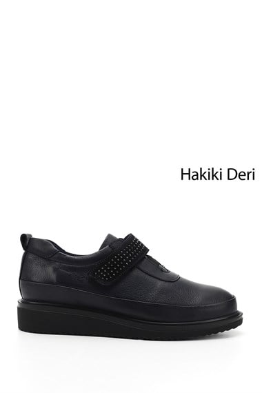 Kadın Lacivert Antik Dolgu Taban Taş Detaylı Hakiki Deri Ayakkabı