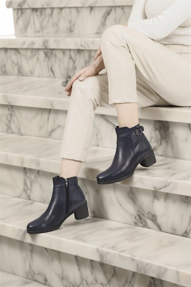 Womens Navy Blue Antique Zipper Thick Heel Genuine Leather Boots