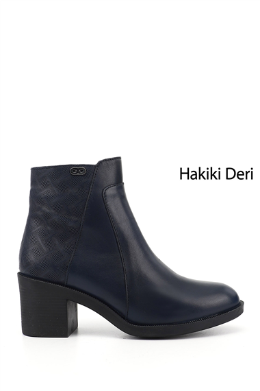 Kadın Lacivert Antik Fermuarlı Kalın Topuklu Hakiki Deri Bot