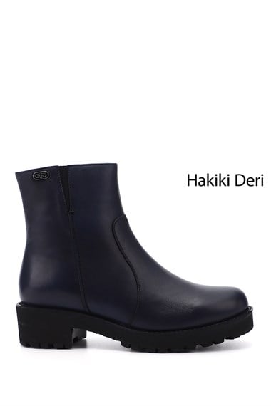 Kadın Lacivert Antik Fermuarlı Kalın Topuklu Hakiki Deri Bot