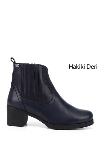 Kadın Lacivert Antik Fermuarlı Kalın Topuklu Hakiki Deri Bot
