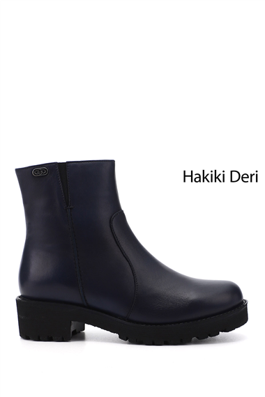Kadın Lacivert Antik Fermuarlı Kalın Topuklu Hakiki Deri Bot