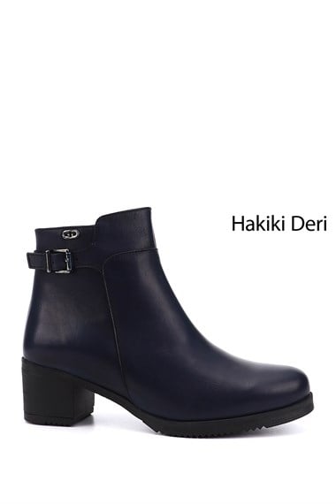 Kadın Lacivert Antik Fermuarlı Kalın Topuklu Hakiki Deri Bot