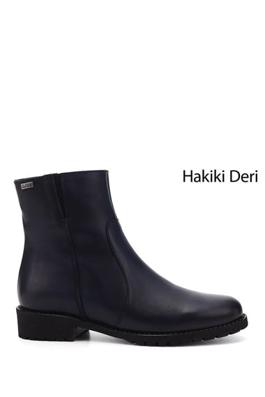 Kadın Lacivert Antik Fermuarlı Kauçuk Taban Hakiki Deri Bot