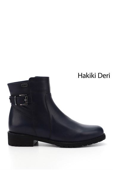 Kadın Lacivert Antik Fermuarlı Kauçuk Taban Hakiki Deri Bot