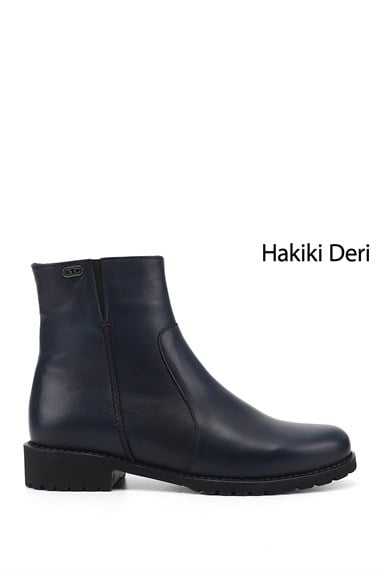 Kadın Lacivert Antik Fermuarlı Kauçuk Taban Hakiki Deri Bot