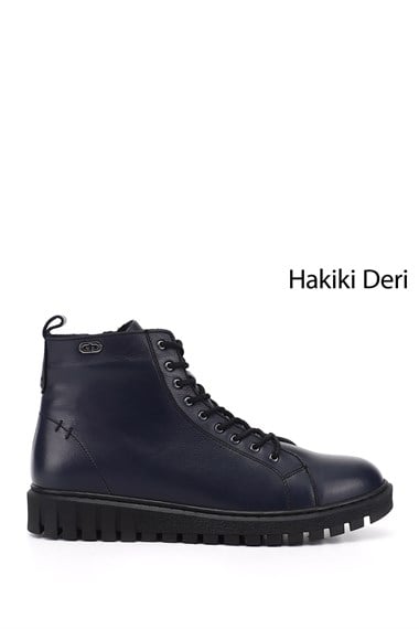 Kadın Lacivert Antik Fermuarlı Kauçuk Taban Hakiki Deri Postal Bot