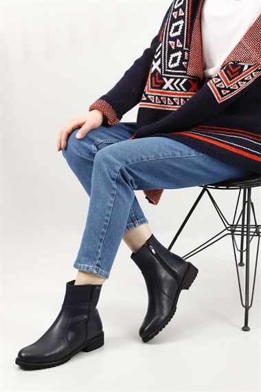 Womens Navy Blue Antique Zippered Rubber Sole Genuine Leather Boots