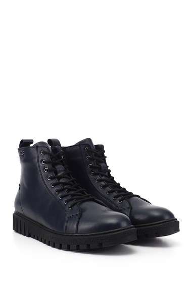 Womens Navy Blue Antique Zippered Rubber Sole Genuine Leather Combat Boots