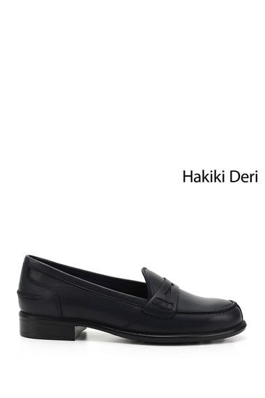 Kadın Lacivert Antik Hakiki Deri Loafer Ayakkabı