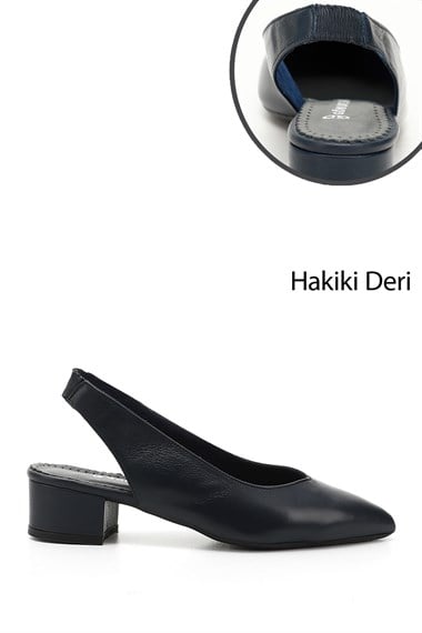 Kadın Lacivert Antik Kalın Topuklu Arkası Açık Hakiki Deri Ayakkabı