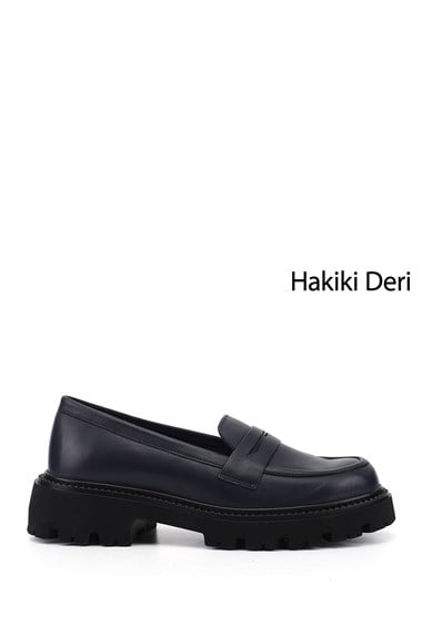 Kadın Lacivert Antik Kalın Topuklu Hakiki Deri Loafer Ayakkabı