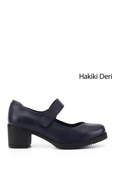 Womens Navy Blue Antique Thick Heeled Mary Jane Genuine Leather Shoes