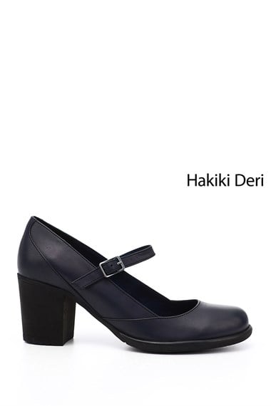 Womens Navy Blue Antique Thick Heeled Mary Jane Genuine Leather Shoes