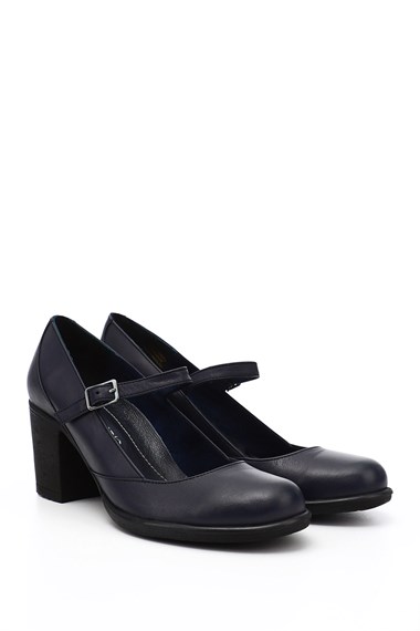 Womens Navy Blue Antique Thick Heeled Mary Jane Genuine Leather Shoes