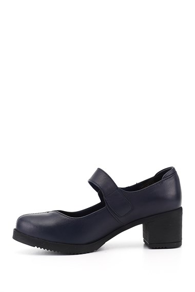 Womens Navy Blue Antique Thick Heeled Mary Jane Genuine Leather Shoes
