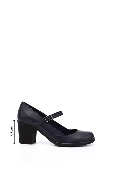 Womens Navy Blue Antique Thick Heeled Mary Jane Genuine Leather Shoes