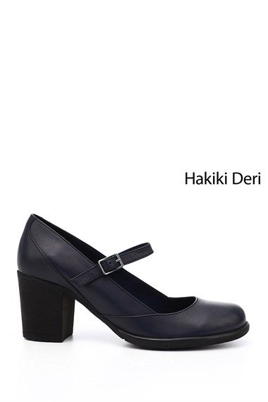 Womens Navy Blue Antique Thick Heeled Mary Jane Genuine Leather Shoes