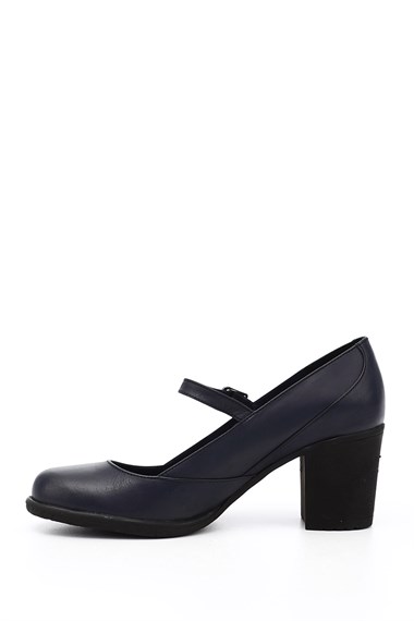 Womens Navy Blue Antique Thick Heeled Mary Jane Genuine Leather Shoes