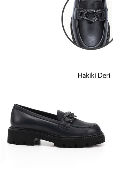Kadın Lacivert Antik Kalın Topuklu Tokalı Hakiki Deri Loafer Ayakkabı