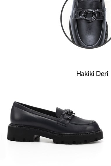 Kadın Lacivert Antik Kalın Topuklu Tokalı Hakiki Deri Loafer Ayakkabı