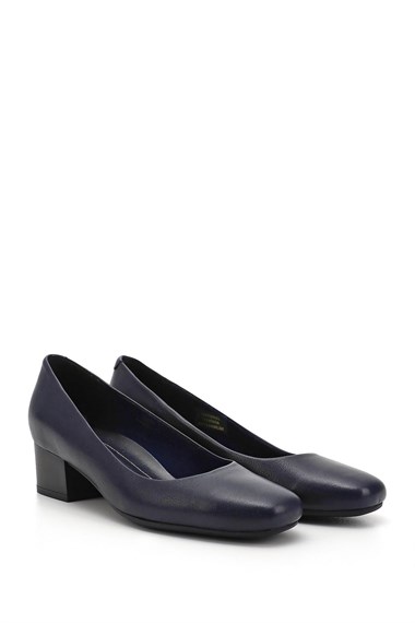 Womens Navy Blue Antique Short Thick Heel Genuine Leather Shoes