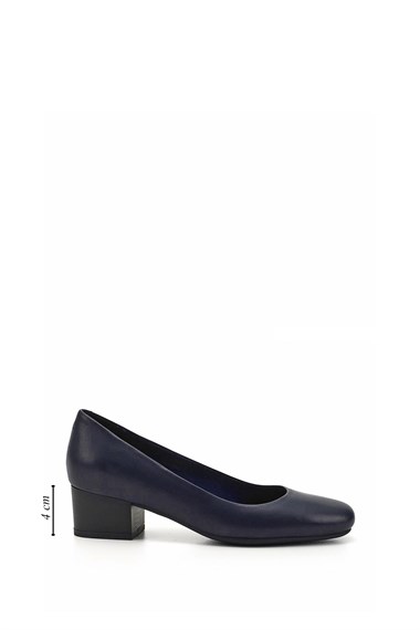 Womens Navy Blue Antique Short Thick Heel Genuine Leather Shoes