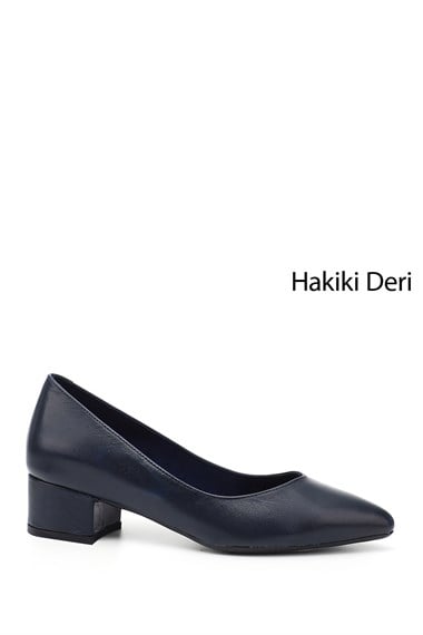 Kadın Lacivert Antik Kısa Kalın Topuklu Hakiki Deri Ayakkabı