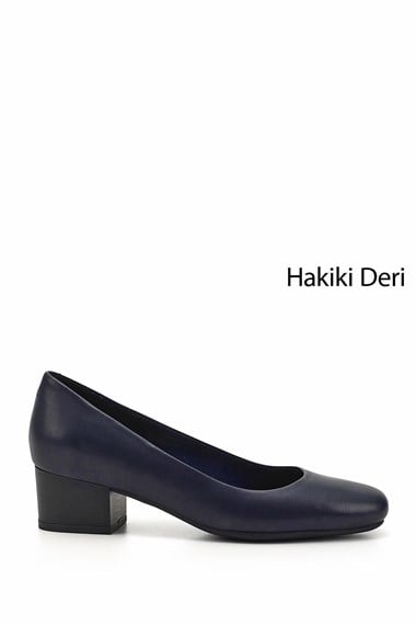 Kadın Lacivert Antik Kısa Kalın Topuklu Hakiki Deri Ayakkabı
