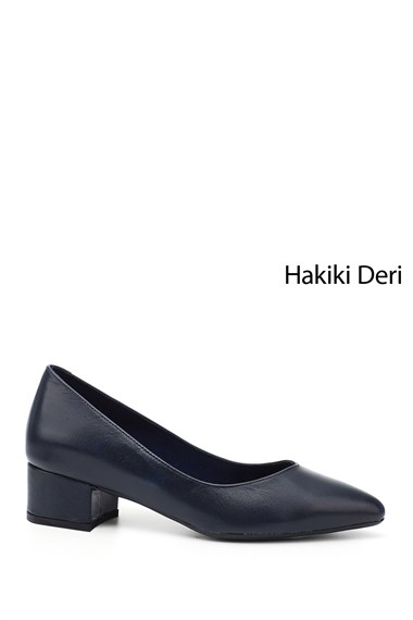 Kadın Lacivert Antik Kısa Kalın Topuklu Hakiki Deri Ayakkabı