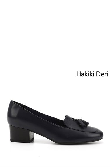Kadın Lacivert Antik Küt Burun Kısa Kalın Topuklu Hakiki Deri Ayakkabı