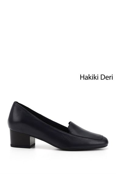 Kadın Lacivert Antik Küt Burun Kısa Kalın Topuklu Hakiki Deri Ayakkabı