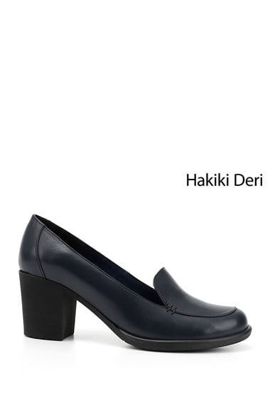 Kadın Lacivert Antik Orta Kalın Topuklu Hakiki Deri Ayakkabı