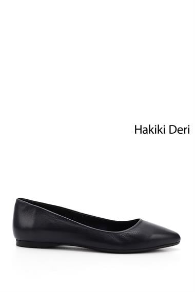 Kadın Lacivert Antik Sivri Burun Düz Taban Hakiki Deri Babet