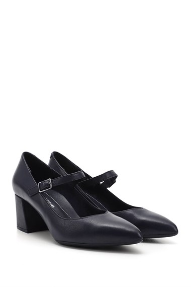 Womens Navy Blue Antique Pointed Toe Medium Thick Heel Genuine Leather Shoes