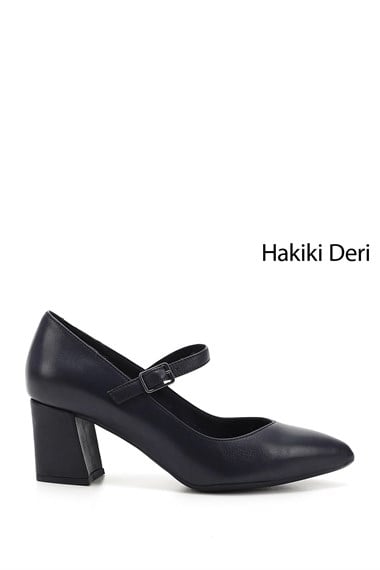 Womens Navy Blue Antique Pointed Toe Medium Thick Heel Genuine Leather Shoes