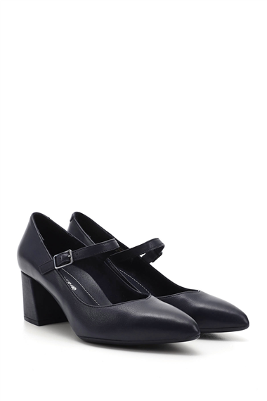 Womens Navy Blue Antique Pointed Toe Medium Thick Heel Genuine Leather Shoes